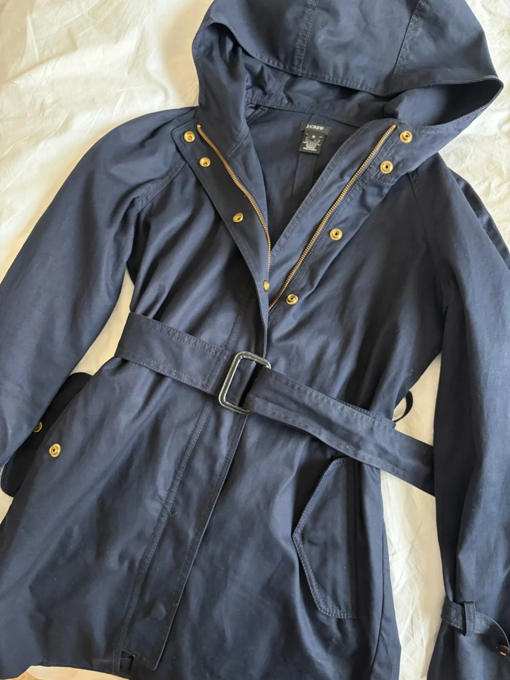 J. Crew Hooded Navy Belted Trench Coat